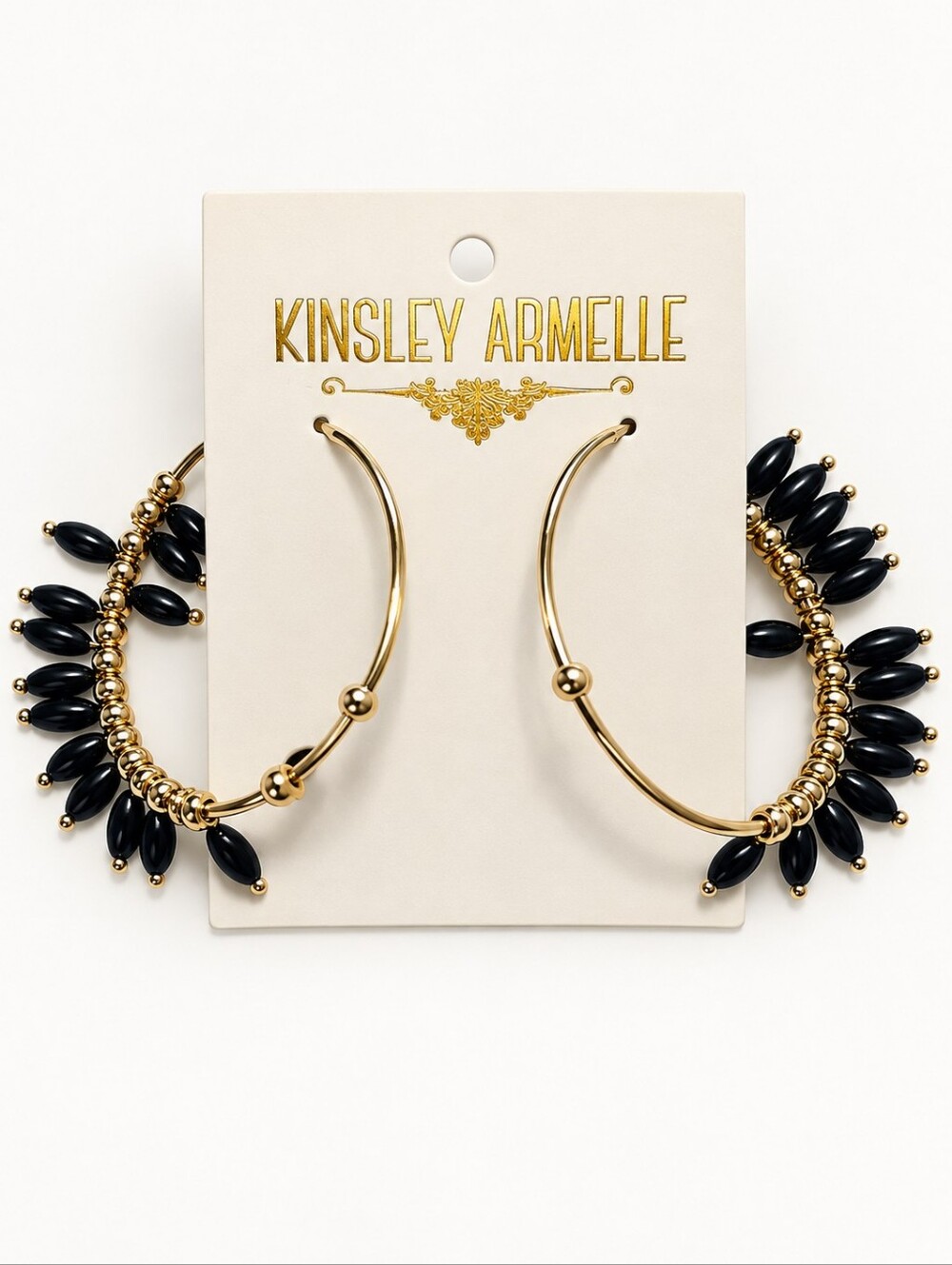 Kinsley Armelle Black Beaded Fringe Gold-Tone Hoop Earrings NWT